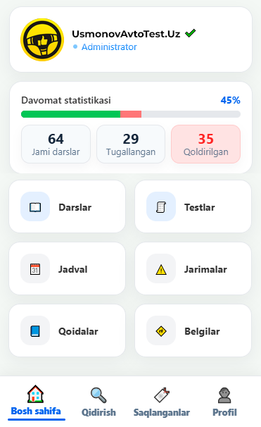 Usmonov Avtotest ilova ekrani